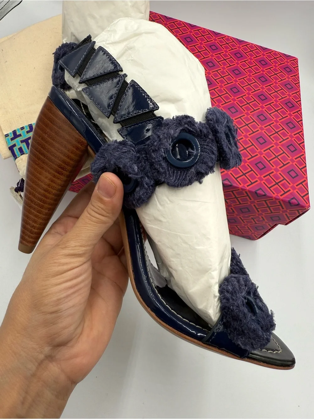 Tory Burch Navy Floral-Appliqué Wedge Sandals